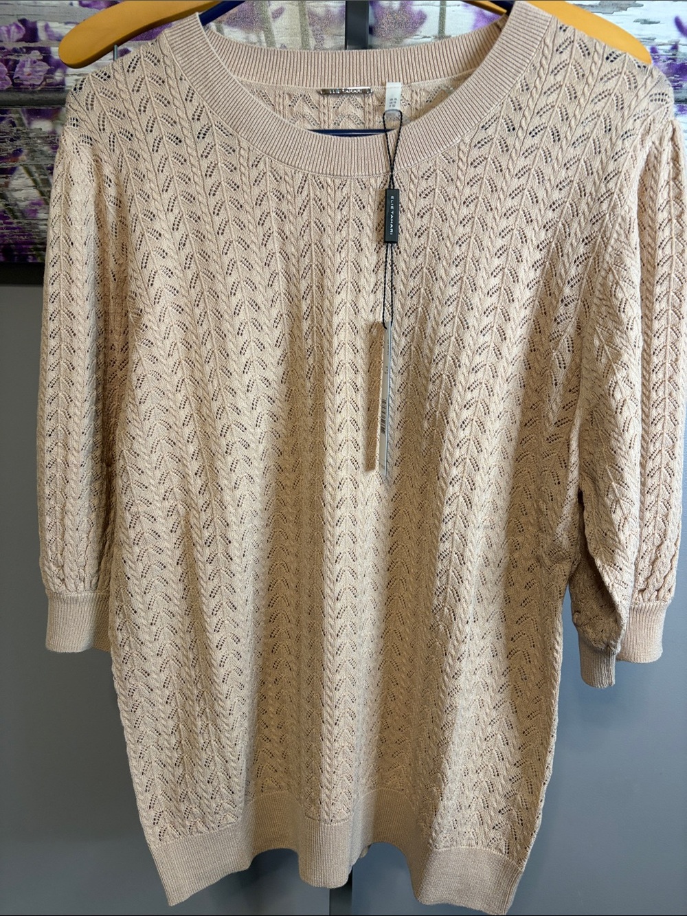 Elie Tahari Cream Open-Knit Crewneck Sweater NWT Size XL